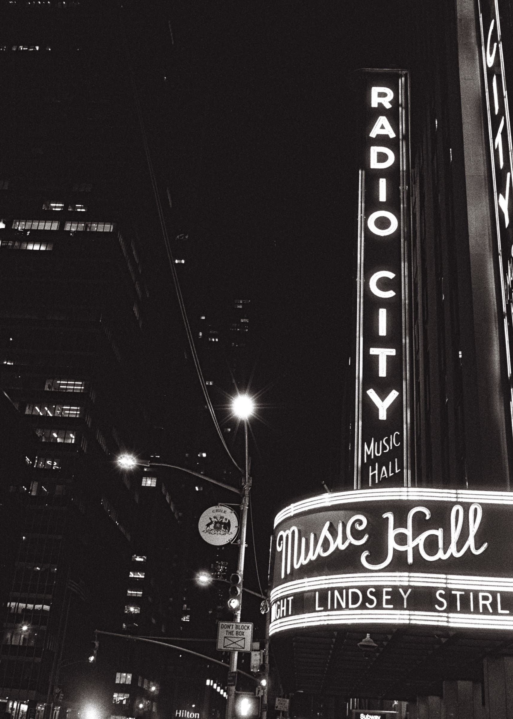 Vertical view of Radio City Music Hall marquee in New York